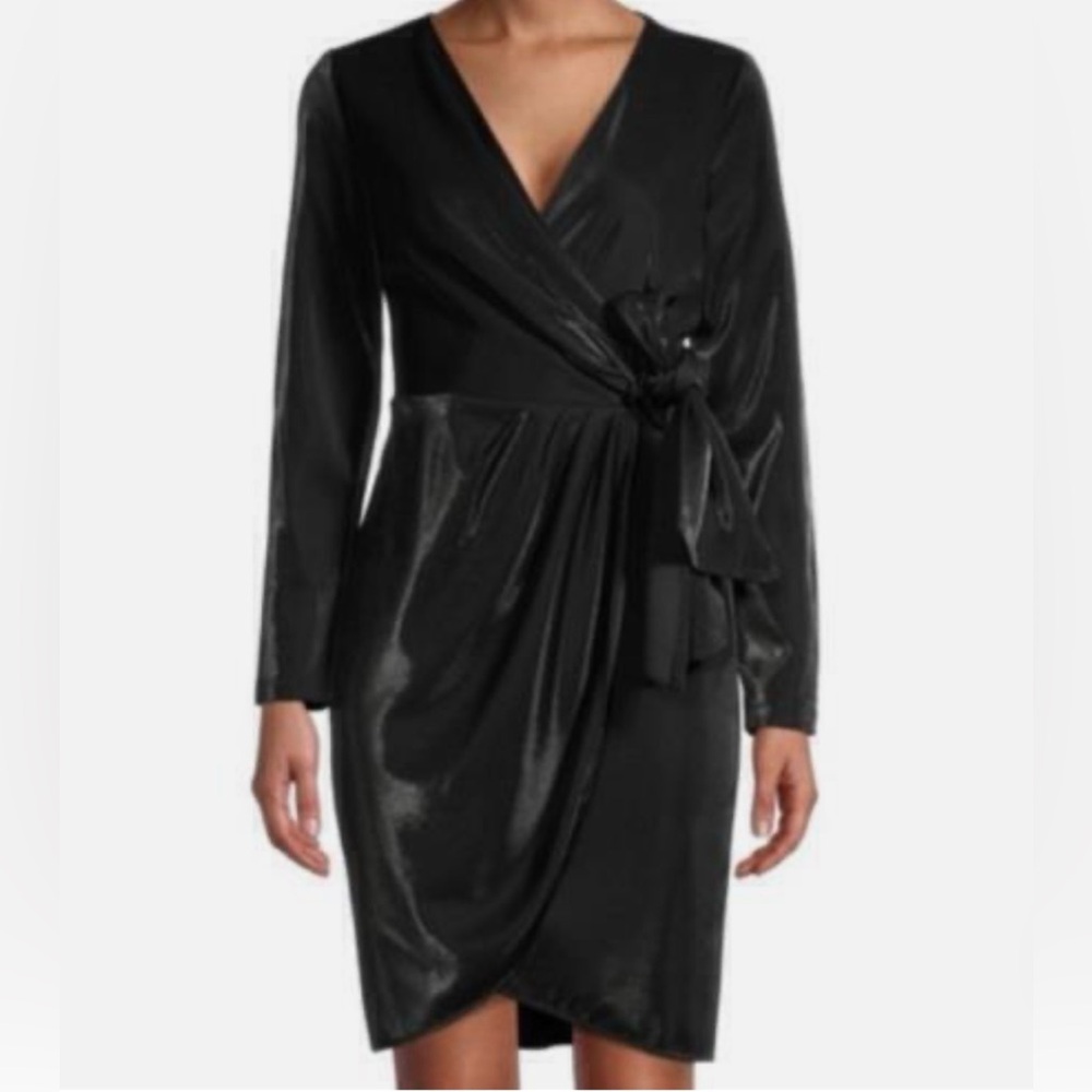 julia jordan Black Satin Wrap-Front Long-Sleeve Wedding Dress